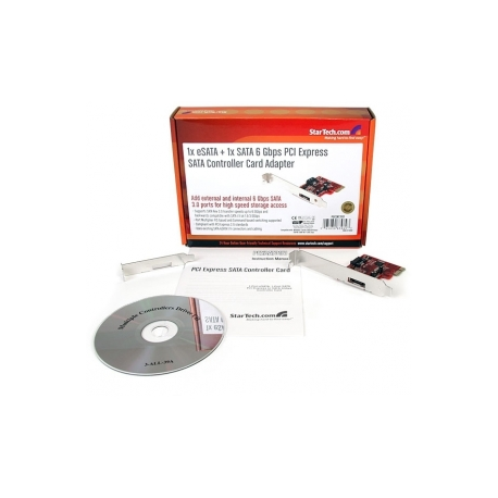 StarTech.com 1x eSATA + 1x SATA 6Gbps PCI Express SATA Controller Card - Storage controller (RAID) - SATA 6Gb / s  /  eSATA 6Gb / s - low profile - RAID 0, 1, JBOD - PCIe 2.0 x1 - red - for P / N: S251SMU33EP, S3520BU33ER, S355BU33ERM, ST521PMINT - 4
