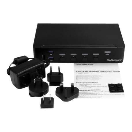 StarTech.com 4 Port DisplayPort KVM Switch - DP KVM Switch with Audio and Built-in USB 3.0 Hub for Peripherals - 4K 30Hz (SV431DPU3A2) - KVM / USB switch - 4 x KVM / audio / USB + 3 x SuperSpeed USB - 1 local user - rack-mountable - AC 120 / 230 V / DC 9 - 12 V - for P / N: SV431RACK - 2