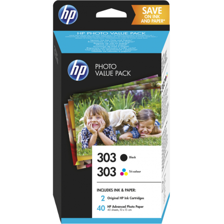 HP 303 Photo Value Pack - Glossy - 2-pack - 4 ml - black, colour (cyan, magenta, yellow) - print cartridge  /  paper kit - for Envy Photo 62XX, Photo 71XX, Photo 78XX; Envy Inspire 72XX, 79XX - 1