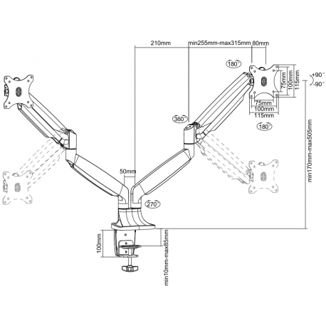Neomounts by Newstar Select NM-D750D - Mounting kit - for 2 LCD displays (full-motion) - white - screen size: 10"-32" - clamp mountable, grommet, desk-mountable - 6
