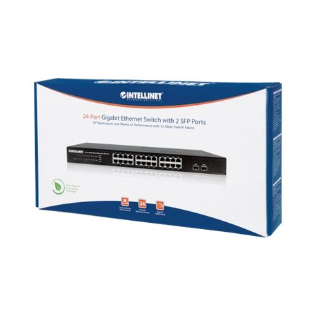 Intellinet 24-Port Gigabit Ethernet Switch with 2 SFP Ports, 24 x 10 / 100 / 1000 Mbps RJ45 Ports + 2 x SFP, IEEE 802.3az (Energy Efficient Ethernet), 19" Rackmount, Metal - Switch - unmanaged - 24 x 10 / 100 / 1000 + 2 x Gigabit SFP - desktop, rack-mountable - 3