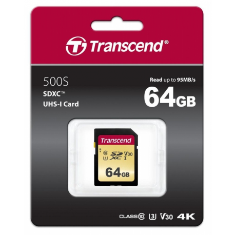 Transcend 500S - Flash memory card - 64 GB - Video Class V30 / UHS-I U3 / Class10 - SDXC UHS-I - 1