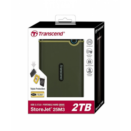 Transcend StoreJet 25M3 - Hard drive - 2 TB - external (portable) - 2.5" - USB 3.1 Gen 1 - 256-bit AES - military green - 2