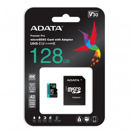 ADATA Premier Pro V30S - Flash memory card (SD adapter included) - 128 GB - A2 / Video Class V30 / UHS-I U3 / Class10 - microSDXC UHS-I - 0