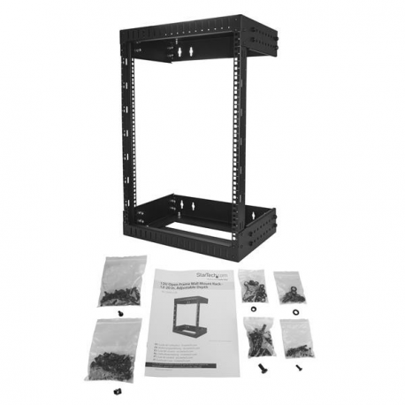 StarTech.com 15U 19" Wall Mount Network Rack, Adjustable Depth 12-20" 2 Post Open Frame Server Room Rack for AV / Data / IT Communication / Computer Equipment / Switch with Cage Nuts & Screws - 15U Adjustable Rack (RK15WALLOA) - Rack - wall mountable - black - 15U - 19" - 2