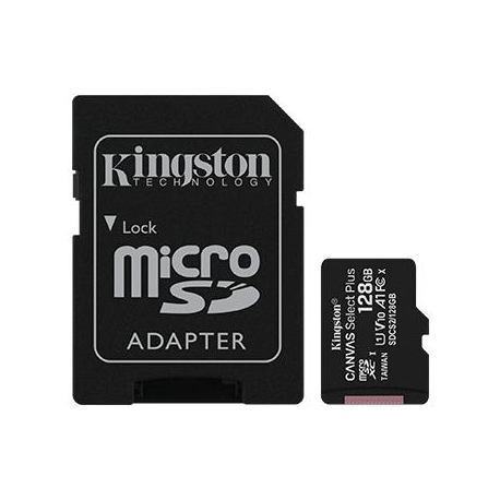 Kingston Canvas Select Plus - Flash memory card (microSDXC to SD adapter included) - 128 GB - A1 / Video Class V10 / UHS Class 1 / Class10 - microSDXC UHS-I - 0