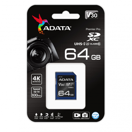 ADATA Premier Pro - Flash memory card - 64 GB - Video Class V30 / UHS-I U3 / Class10 - SDXC UHS-I - 1