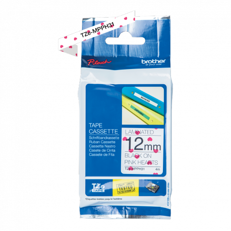 Brother TZe-MPPH31 - Black on pink hearts - Roll (1.2 cm x 4 m) 1 cassette(s) laminated tape - for Brother PT-H110; P-Touch PT-H105, H110; P-Touch Cube PT-P300; P-Touch Embellish PT-D215 - 1