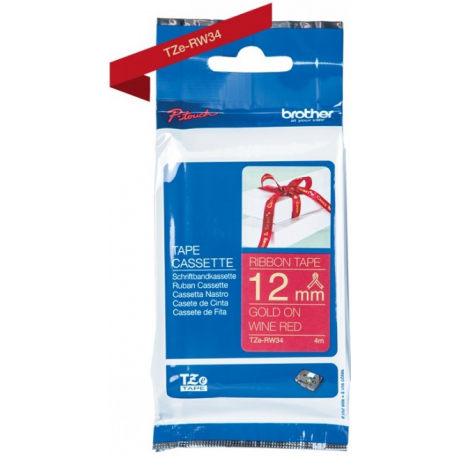 Brother TZe-RW34 - Gold on wine red - Roll (1.2 cm x 4 m) 1 cassette(s) ribbon tape - for Brother PT-D600, H110; P-Touch PT-D450; P-Touch Cube PT-P300; P-Touch Embellish PT-D215 - 2
