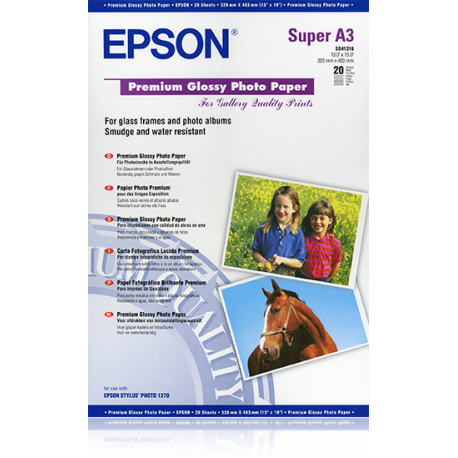 Epson Premium - Glossy - Super A3 / B (330 x 483 mm) - 255 g / m² - 20 sheet(s) photo paper - for SureColor SC-P700, P7500, P900, P9500, T2100, T3100, T3400, T3405, T5100, T5400, T5405 - 3