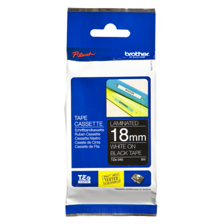 Brother TZe-345 - Standard adhesive - white on black - Roll (1.8 cm x 8 m) 1 cassette(s) laminated tape - for Brother PT-D600; P-Touch PT-1880, D450, E550, E800, P900, P950; P-Touch Cube Plus PT-P710 - 2