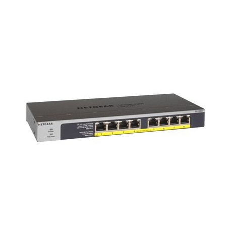 NETGEAR GS108LP - Switch - 8 x 10 / 100 / 1000 (PoE+) - desktop, rack-mountable, wall-mountable - PoE+ (60 W) - DC power - 2