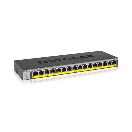 NETGEAR GS116PP - Switch - unmanaged - 16 x 10 / 100 / 1000 (PoE+) - desktop, rack-mountable, wall-mountable - PoE+ (183 W) - DC power - 2