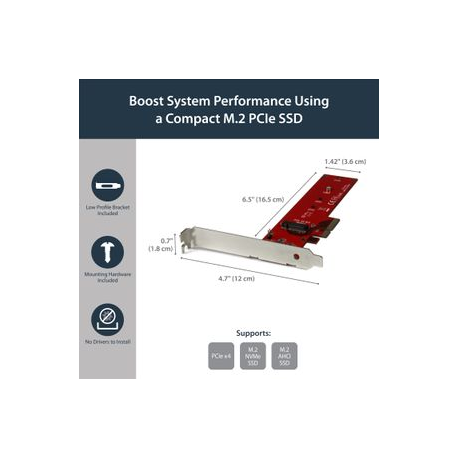 StarTech.com M2 PCIe SSD Adapter - x4 PCIe 3.0 NVMe / AHCI / NGFF / M-Key - Low Profile and Full Profile - SSD PCIe M.2 Adapter (PEX4M2E1) - Interface adapter - M.2 - Expansion Slot to M.2 - M.2 Card - PCIe x4 - red - for P / N: BNDTB10GI, BNDTB210GSFP, BNDTB310GNDP, BNDTB410GSFP, BNDTB4M2E1, BNDTBUSB3142 - 6