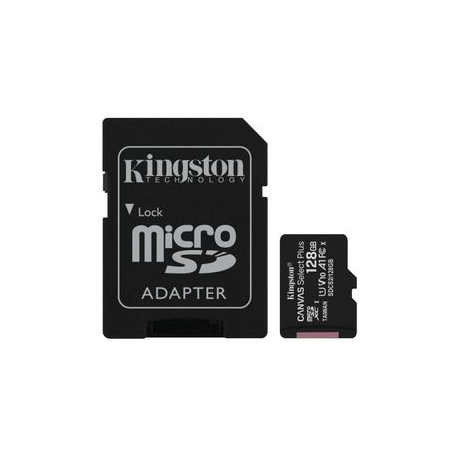 Kingston Canvas Select Plus - Flash memory card (microSDXC to SD adapter included) - 128 GB - A1 / Video Class V10 / UHS Class 1 / Class10 - microSDXC UHS-I - 2