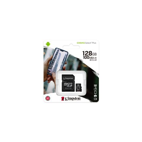Kingston Canvas Select Plus - Flash memory card (microSDXC to SD adapter included) - 128 GB - A1 / Video Class V10 / UHS Class 1 / Class10 - microSDXC UHS-I - 4