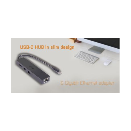 i-Tec USB C Slim 3-port HUB with Gigabit Ethernet adapter - Hub - 3 x SuperSpeed USB 3.0 + 1 x 10 / 100 / 1000 - desktop - 5