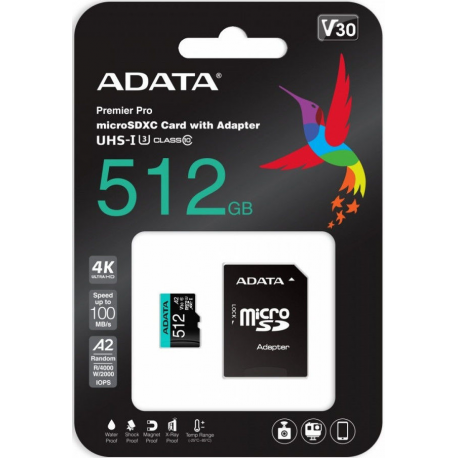 ADATA Premier Pro V30S - Flash memory card (SD adapter included) - 512 GB - A2 / Video Class V30 / UHS-I U3 / Class10 - microSDXC UHS-I - 1