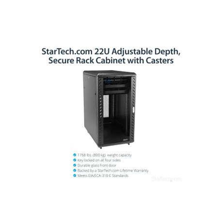 StarTech.com 22U Server Rack Cabinet on Wheels - 36 inch Adjustable Depth - Portable Network Equipment Enclosure (RK2236BKF) - Rack - 22U - for P / N: CABCAGENUTS6, CABSCREWM52, CABSCREWSM6, CABSCRWM520, CABSCRWM620, CABSCRWS1224 - 9