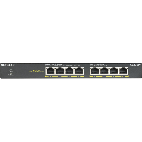 NETGEAR GS308PP - Switch - unmanaged - 8 x 10/100/1000 (PoE+) - desktop, wall-mountable - PoE+ (83 W) - DC power - 3