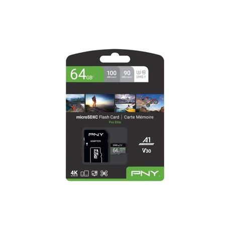 PNY PRO Elite - Flash memory card (microSDXC to SD adapter included) - 64 GB - A1 / Video Class V30 / UHS-I U3 / Class10 - microSDXC UHS-I - 3