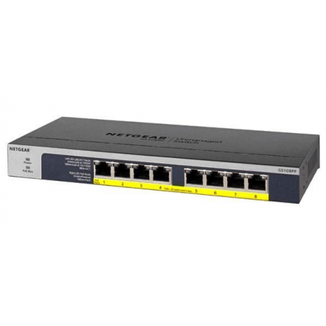NETGEAR GS108PP - Switch - 8 x 10 / 100 / 1000 (PoE+) - desktop, rack-mountable, wall-mountable - PoE+ (123 W) - DC power - 5