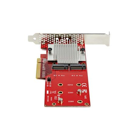 StarTech.com Dual M.2 PCIe SSD Adapter Card, x8  /  x16 Dual NVMe or AHCI M.2 SSD to PCI Express 3.0, M.2 NGFF PCIe (M-Key) Compatible, Vented, Supports 2242, 2260, 2280, JBOD, Mac & PC - Full / Low-Profile Brackets (PEX8M2E2) - Interface adapter - M.2 - Expansion Slot to M.2 - M.2 Card - low profile - PCIe 3.0 x8 - red - TAA Compliant - 3