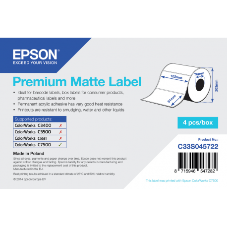 Epson Premium - Matte - permanent acrylic adhesive - 102 x 51 mm 9240 label(s) (4 roll(s) x 2310) die cut labels - for ColorWorks C7500, C7500G, CW-C6000Ae, CW-C6000Pe, TM-C7500 - 2