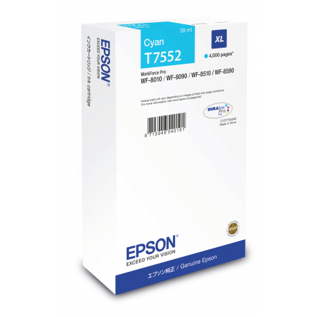Epson T7552 - 39 ml - XL size - cyan - original - ink cartridge - for WorkForce Pro WF-8010, WF-8090, WF-8090 D3TWC, WF-8510, WF-8590, WF-8590 D3TWFC - 1