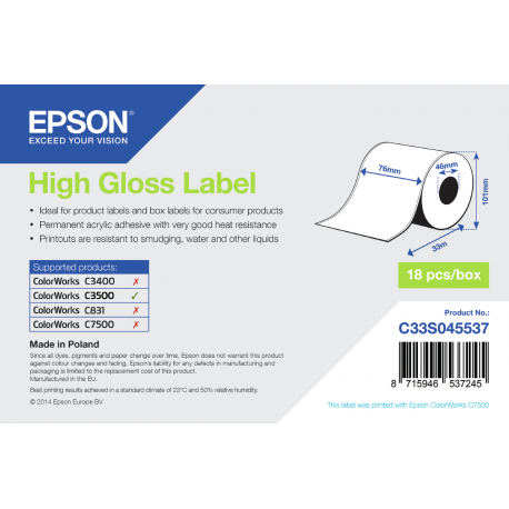 Epson - High-glossy - Roll (7.6 cm x 33 m) 1 roll(s) labels - for ColorWorks CW-C4000E (BK), CW-C4000E (MK); TM C3500 - 0