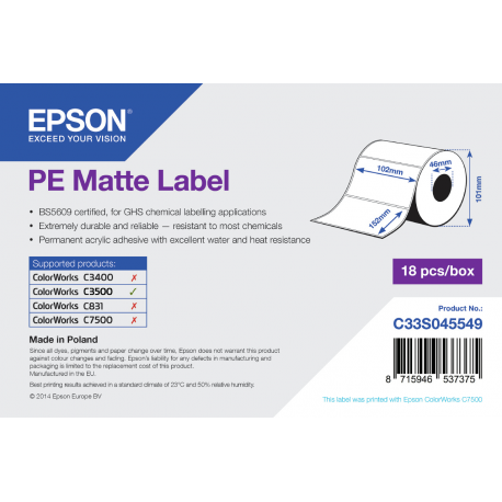 Epson PE - Matte - 102 x 152 mm 185 label(s) (1 roll(s) x 185) die cut labels - for ColorWorks CW-C4000E (BK), CW-C4000E (MK); TM C3500 - 1
