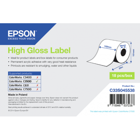 Epson - High-glossy - Roll (10.2 cm x 33 m) 1 roll(s) labels - for ColorWorks CW-C4000E (BK), CW-C4000E (MK); TM C3500 - 0