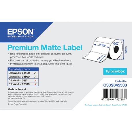 Epson Premium - Matte - 102 x 152 mm 225 label(s) (1 roll(s) x 225) die cut labels - for Epson TM-C3400-LT; ColorWorks CW-C4000E; TM C3400, C3400BK, C3400E, C3400U, C3500 - 1