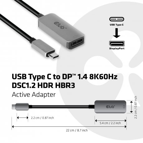 Club 3D CAC-1567 - DisplayPort adapter - USB-C (M) to DisplayPort (F) - DisplayPort 1.4 - 22 cm - active, 8K support - 11
