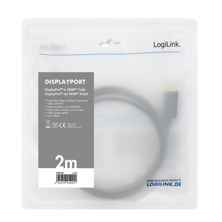 LogiLink - Adapter cable - DisplayPort male to HDMI male - 2 m - black - 4K support - 1