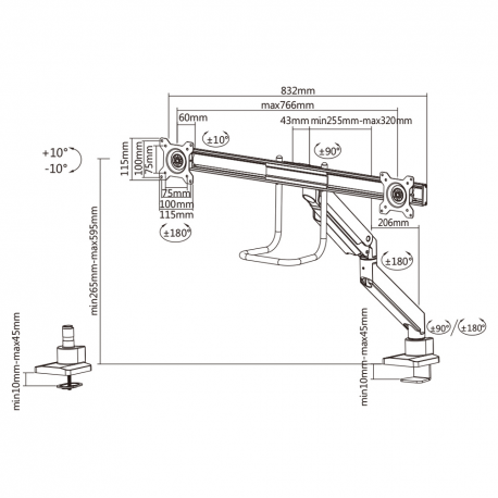 Neomounts by Newstar Select NM-D775DX - Mounting kit - for 2 LCD displays (full-motion) - silver - screen size: 10"-32" - clamp mountable, grommet, desk-mountable - 6