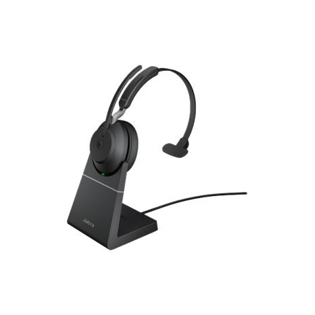Jabra Evolve2 65 MS Mono - Headset - on-ear - convertible - Bluetooth - wireless - USB-A - noise isolating - black - with charging stand - Certified for Microsoft Teams - 0