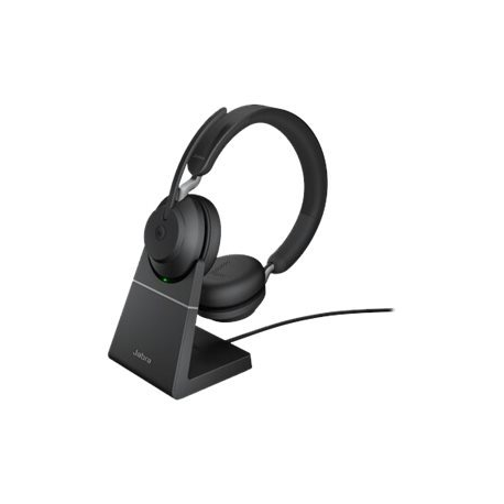 Jabra Evolve2 65 MS Stereo - Headset - on-ear - Bluetooth - wireless - USB-C - noise isolating - black - with charging stand - Certified for Microsoft Teams - 0