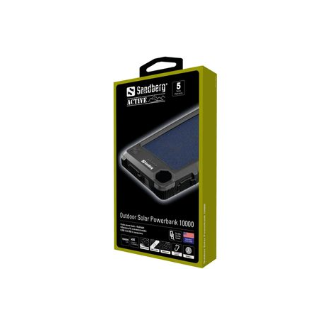 Sandberg Outdoor Solar Powerbank 10000 - Solar power bank - 10000 mAh - 37 Wh - 3 A (USB, USB-C) - on cable: Micro-USB, USB-C - 1