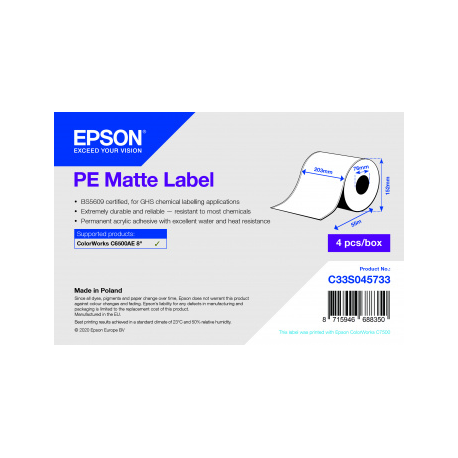 Epson PE - Synthetic - matte - permanent acrylic adhesive - white - Roll (20.3 cm x 55 m) 4 roll(s) continuous labels - for ColorWorks CW-C6500Ae, CW-C6500Pe - 2