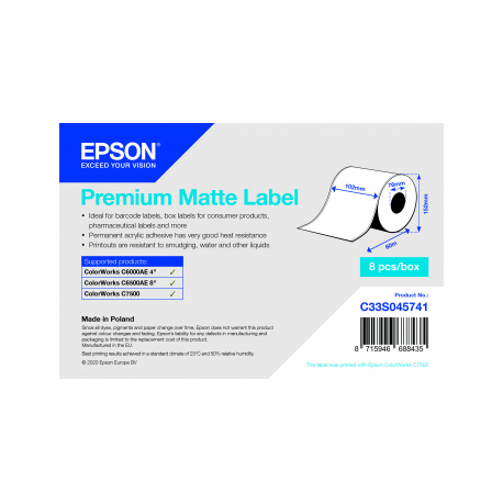 Epson Premium - Matte - permanent acrylic adhesive - Roll (10.2 cm x 60 m) 8 roll(s) continuous labels - for ColorWorks CW-C6000Ae, CW-C6500Ae, CW-C6500Pe, TM-C7500, TM-C7500G - 1