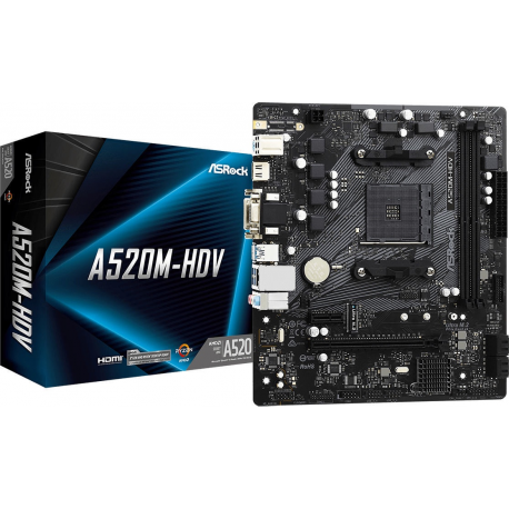 ASRock A520M-HDV - Motherboard - micro ATX - Socket AM4 - AMD A520 Chipset - USB 3.2 Gen 1 - Gigabit LAN - onboard graphics (CPU required) - HD Audio (8-channel) - 4