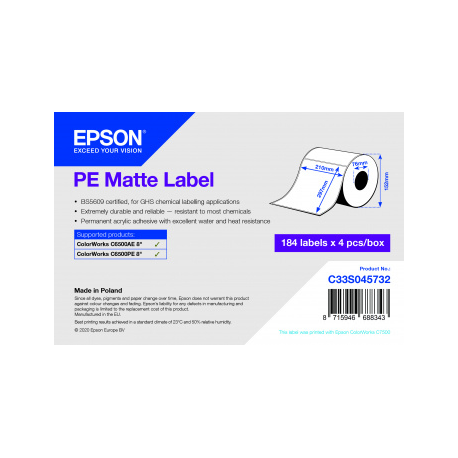 Epson PE - Matte - 210 x 297.4 mm 736 label(s) (4 roll(s) x 184) die cut labels - for ColorWorks CW-C6500Ae, CW-C6500Pe - 1
