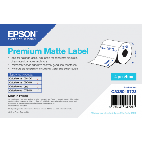 Epson Premium - Matte - permanent acrylic adhesive - 102 x 76 mm 6280 label(s) (4 roll(s) x 1570) die cut labels - for ColorWorks C7500, C7500G, CW-C6000Ae, CW-C6000Pe, TM-C7500 - 2