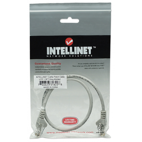Intellinet Network Patch Cable, Cat5e, 0.5m, Grey, CCA, U / UTP, PVC, RJ45, Gold Plated Contacts, Snagless, Booted, Lifetime Warranty, Polybag - Patch cable - RJ-45 (M) to RJ-45 (M) - 45 cm - UTP - CAT 5e - molded, snagless - grey - 3