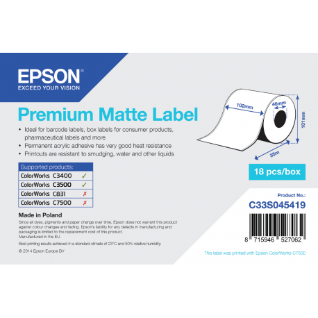 Epson Premium - Matte - Roll (10.2 cm x 35 m) 1 roll(s) label continuous paper - for Epson TM-C3400-LT; ColorWorks CW-C4000E (BK), CW-C4000E (MK); TM C3400, C3400BK, C3500 - 1
