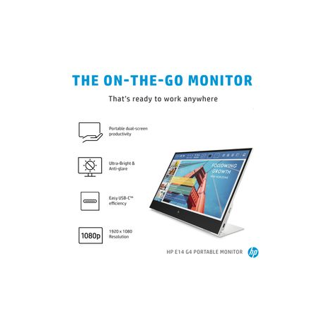 HP E14 G4 - LED monitor - 14" - portable - 1920 x 1080 Full HD (1080p) @ 60 Hz - IPS - 400 cd / m² - 800:1 - 5 ms - 2xUSB-C - sliver stand - 12