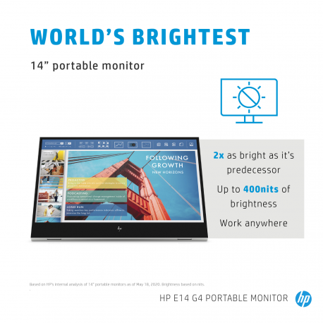 HP E14 G4 - LED monitor - 14" - portable - 1920 x 1080 Full HD (1080p) @ 60 Hz - IPS - 400 cd / m² - 800:1 - 5 ms - 2xUSB-C - sliver stand - 20