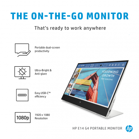 HP E14 G4 - LED monitor - 14" - portable - 1920 x 1080 Full HD (1080p) @ 60 Hz - IPS - 400 cd / m² - 800:1 - 5 ms - 2xUSB-C - sliver stand - 21