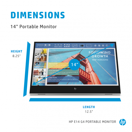 HP E14 G4 - LED monitor - 14" - portable - 1920 x 1080 Full HD (1080p) @ 60 Hz - IPS - 400 cd / m² - 800:1 - 5 ms - 2xUSB-C - sliver stand - 23